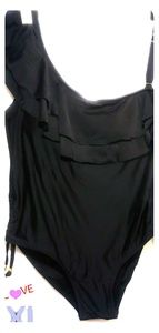 Poppy Black Off Shoulder Lace Up Ruffle Swimsuit